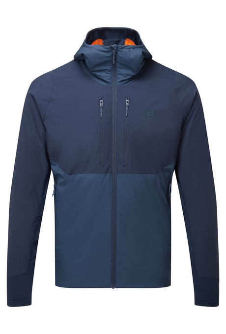 Mountain Equipment Switch Pro Hooded Men's Jacket in Cosmos/Dusk - front view showing 20D RS Nylon outer and Octayarn warp-knit lining