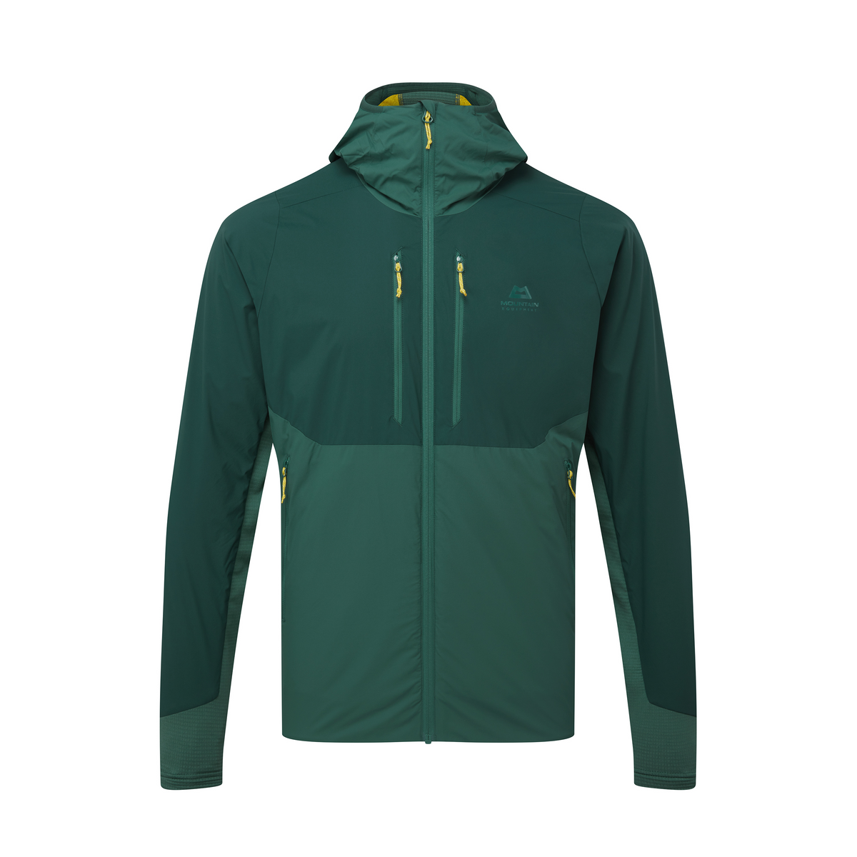 Mountain Equipment Switch Pro Hooded Men's Jacket in Pine/Fern - front view showing 20D RS Nylon outer and Octayarn warp-knit lining