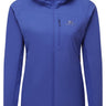 Mountain Equipment Switch Pro Hooded Women's Jacket in Clematis - front view showing 20D RS Nylon outer and Octayarn warp-knit lining