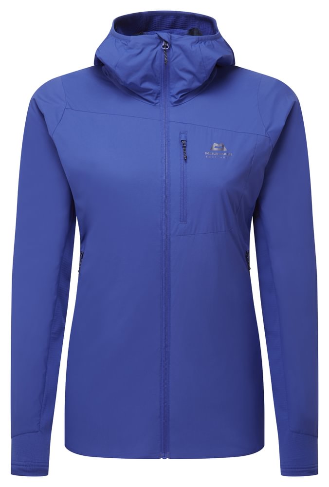 Mountain Equipment Switch Pro Hooded Women's Jacket in Clematis - front view showing 20D RS Nylon outer and Octayarn warp-knit lining