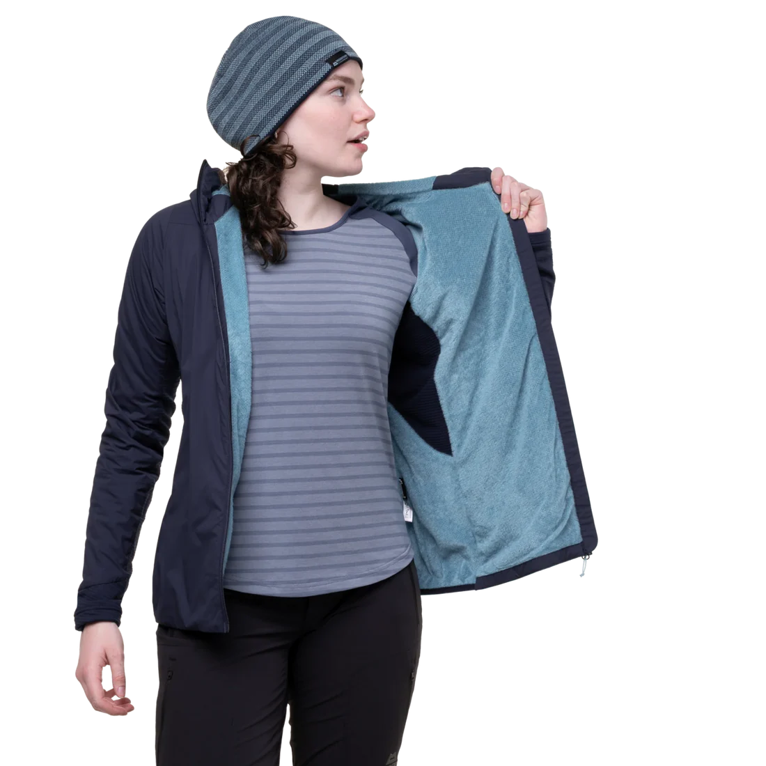 Mountain Equipment Switch Pro Hooded Women's Jacket in Cosmos - detail view showing grown-on elastane bound hood and Pontetorto Tecnostretch hood panel