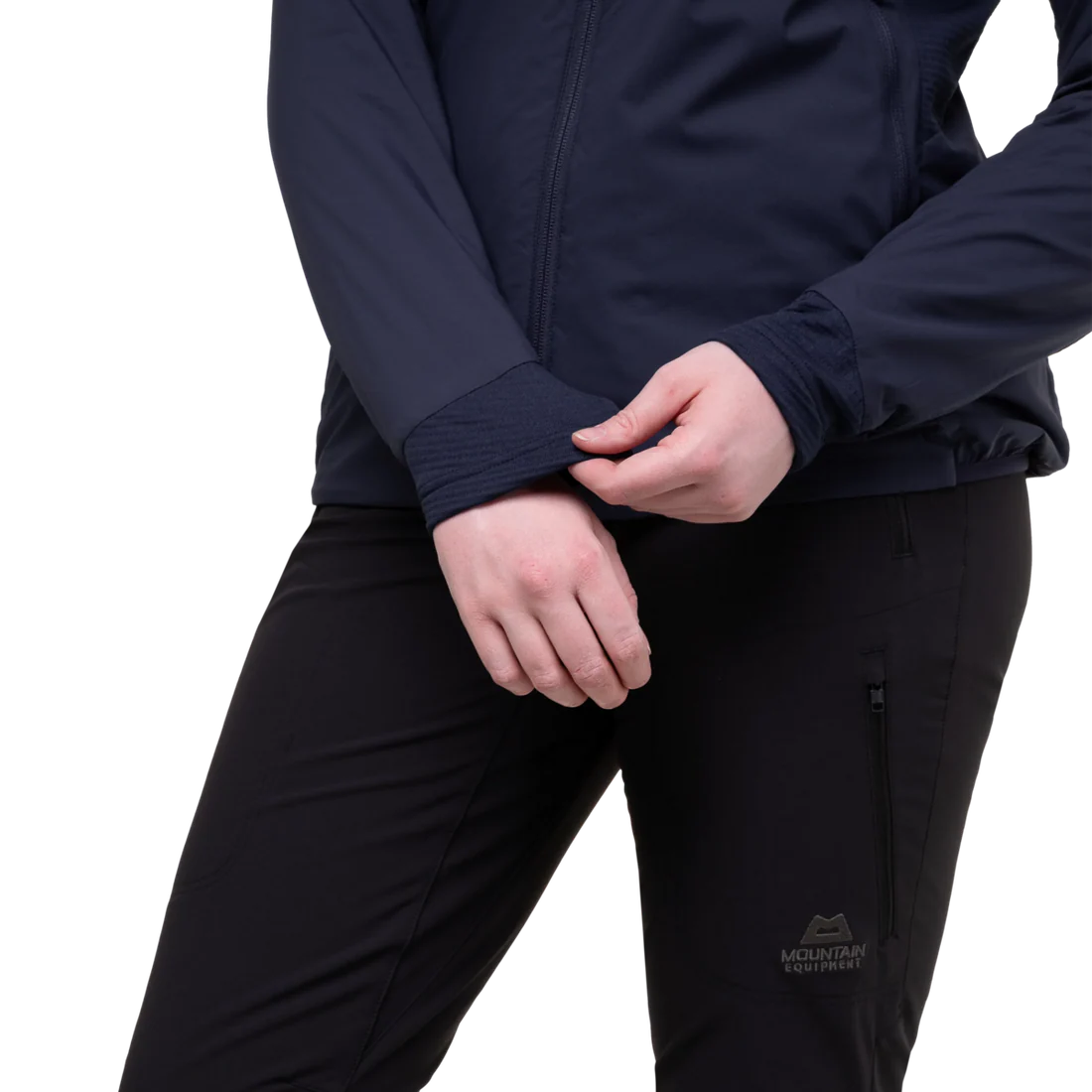 Mountain Equipment Switch Pro Hooded Women's Jacket in Cosmos - detail view showing YKK centre front zip and zipped chest pocket
