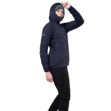 Mountain Equipment Switch Pro Hooded Women's Jacket in Cosmos - detail view showing zipped hand pocket with twin carabiner carry loops