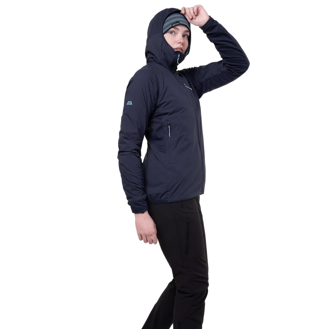 Mountain Equipment Switch Pro Hooded Women's Jacket in Cosmos - detail view showing zipped hand pocket with twin carabiner carry loops