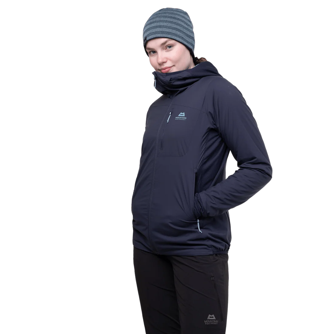 Mountain Equipment Switch Pro Hooded Women's Jacket in Cosmos - front view showing 20D RS Nylon outer and Octayarn warp-knit lining