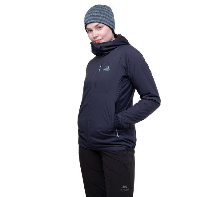 Mountain Equipment Switch Pro Hooded Women's Jacket in Cosmos - front view showing 20D RS Nylon outer and Octayarn warp-knit lining