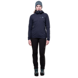 Mountain Equipment Switch Pro Hooded Women's Jacket in Cosmos - full front view showing elastane bound hem and low bulk cuffs with thumb loops