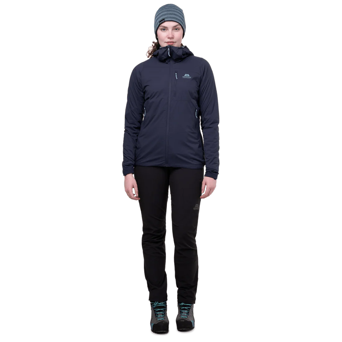 Mountain Equipment Switch Pro Hooded Women's Jacket in Cosmos - full front view showing elastane bound hem and low bulk cuffs with thumb loops