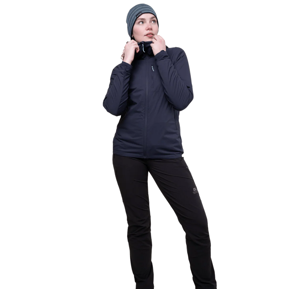 Mountain Equipment Switch Pro Hooded Women's Jacket in Cosmos - lifestyle view showing hybrid breathable mid-layer for alpine climbing and ski touring