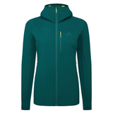 Mountain Equipment Switch Pro Hooded Women's Jacket in Deep Teal - front view showing 20D RS Nylon outer and Octayarn warp-knit lining