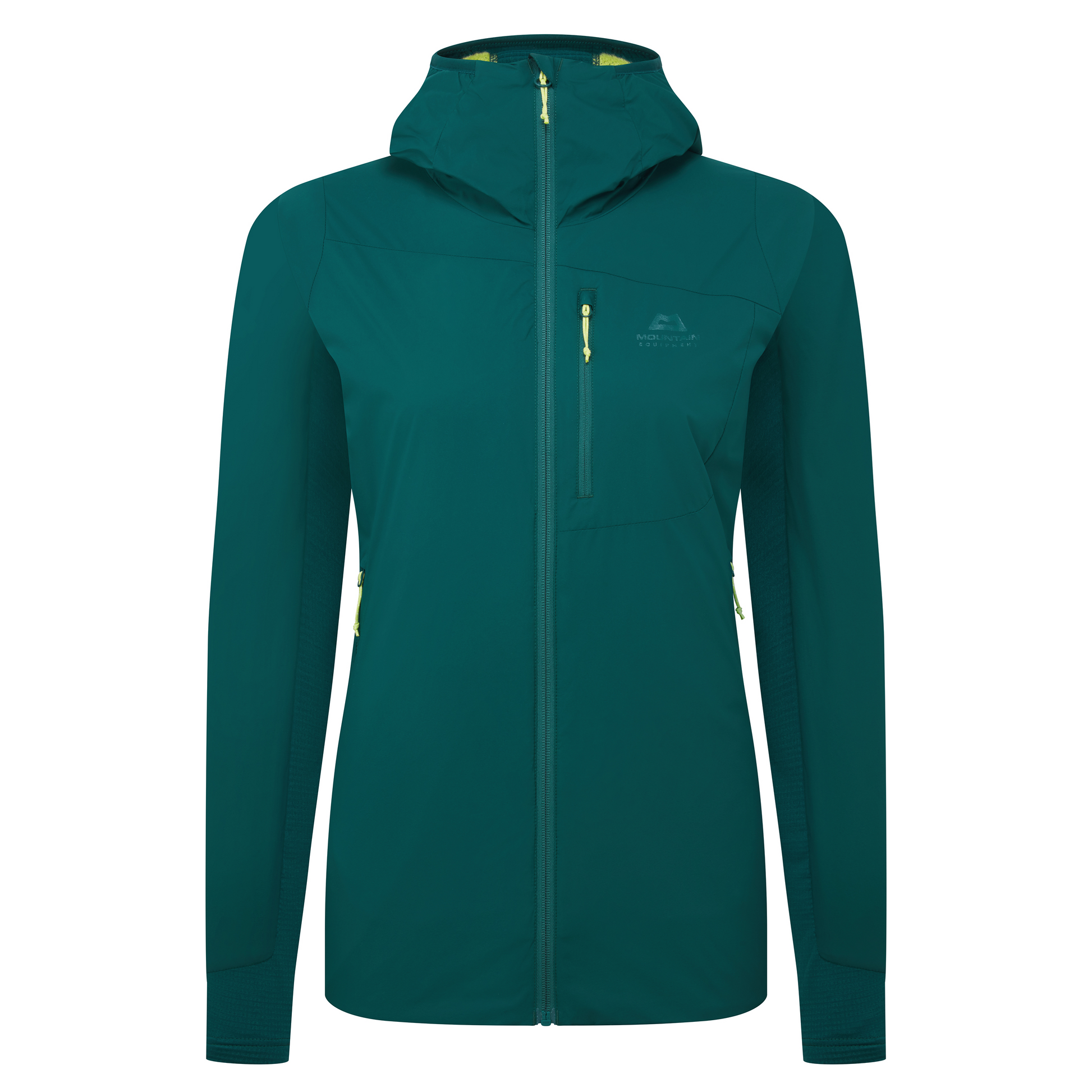 Mountain Equipment Switch Pro Hooded Women's Jacket in Deep Teal - front view showing 20D RS Nylon outer and Octayarn warp-knit lining