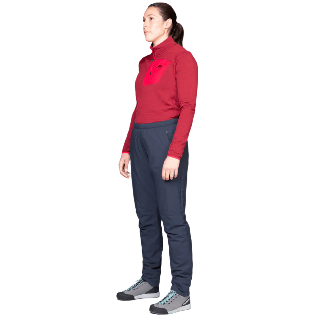 Mountain Equipment Switch Women's Pant in Cosmos - front view showing windproof 20D RS Nylon outer and Octayarn warp-knit lining