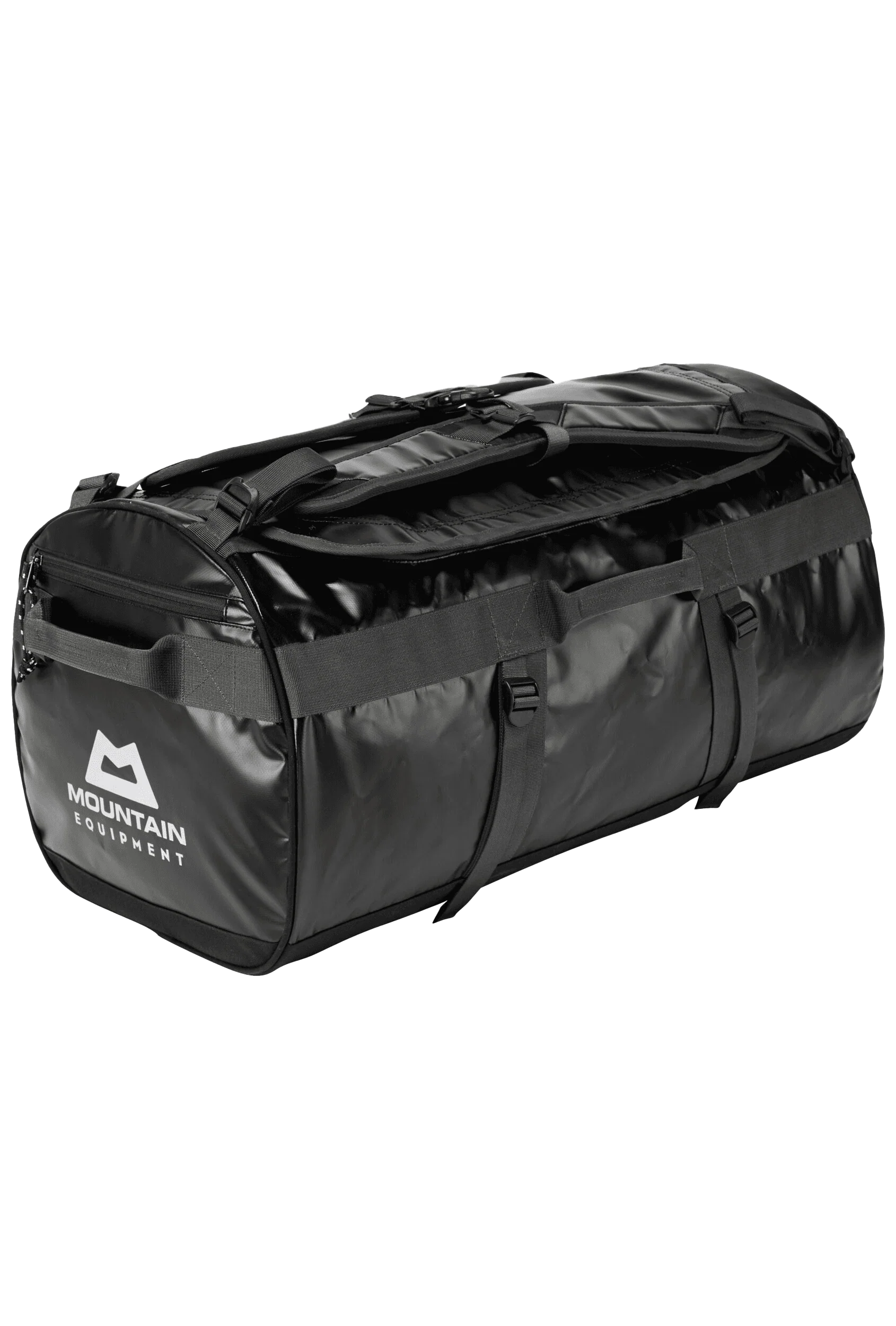 Mountain Equipment Wet & Dry 140L Kitbag in Black/Shadow/Silver - showing U-shaped lid and reinforced carrying straps