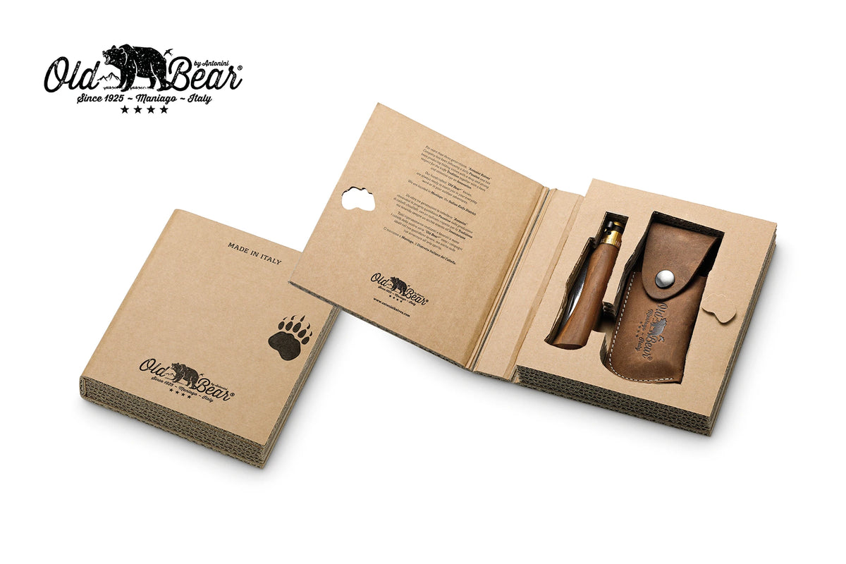 Old Bear walnut medium knife and leather sheath gift box