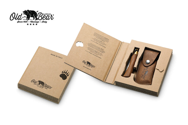 Old Bear walnut medium knife and leather sheath gift box