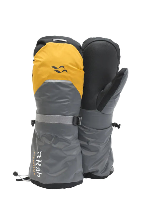 Pair of gloves with yellow, gray, and black color scheme on a white background