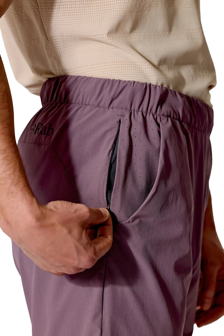 Rab Men's Momentum Shorts in Dark Iris (Reference) - worn, hand pocket detail