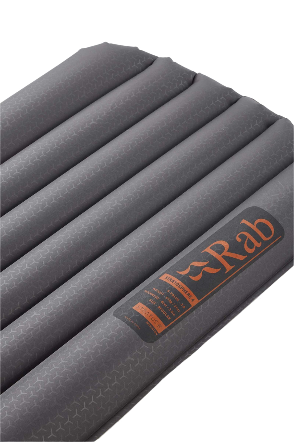 Rab Stratosphere 4 Sleep Pad in Graphene - angle, logo detail