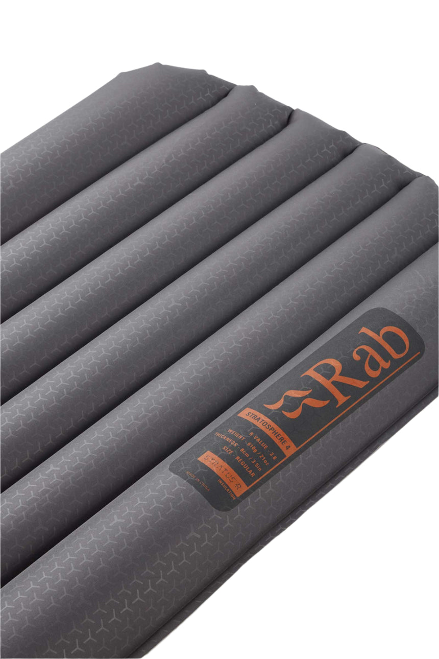 Rab Stratosphere 4 Sleep Pad in Graphene - angle, logo detail