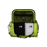The North Face Base Camp Duffel Extra Small Fizz Lime/Lemon Mist/TNF Black - top view showing compression straps and water-resistant ID pocket