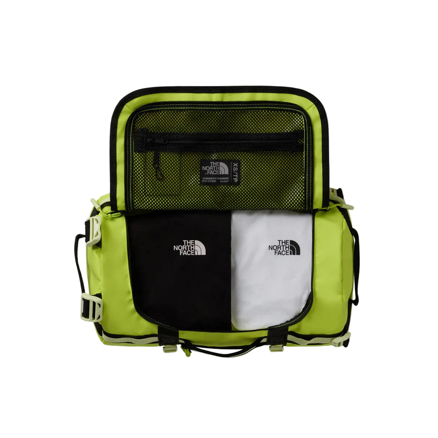 The North Face Base Camp Duffel Extra Small Fizz Lime/Lemon Mist/TNF Black - top view showing compression straps and water-resistant ID pocket