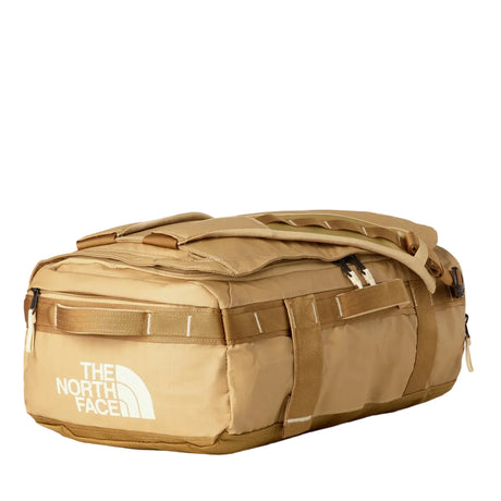 The North Face Base Camp Voyager Duffel 32L in Khaki Stone/Utility Brown - front view showing recycled fabric construction and external zip pocket