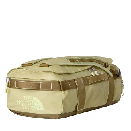 The North Face Base Camp Voyager Duffel 32L in Pear/Cedar/Lemon Mist - front view showing recycled fabric construction and external zip pocket
