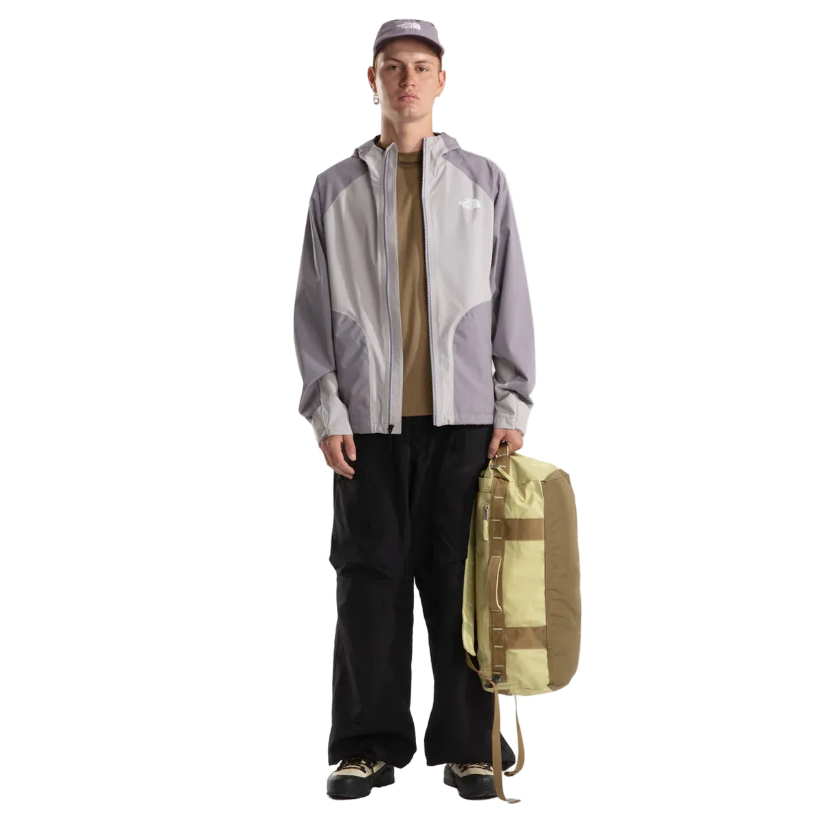 The North Face Base Camp Voyager Duffel 32L Pear/Cedar/Lemon Mist - side view with detachable padded shoulder straps and grab handles
