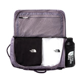 The North Face Base Camp Voyager Duffel 32L Transcendent Grey/Endless Dusk - back panel view showing stowable backpack straps and water-resistant ID window
