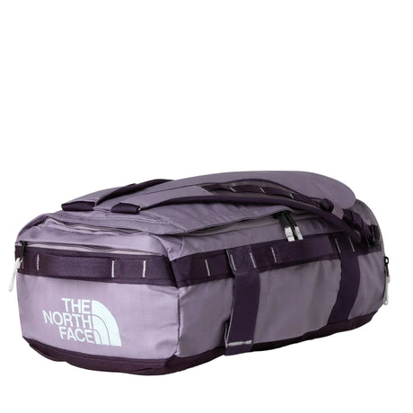 The North Face Base Camp Voyager Duffel 32L in Transcendent Grey/Endless Dusk - front view showing recycled fabric construction and external zip pocket