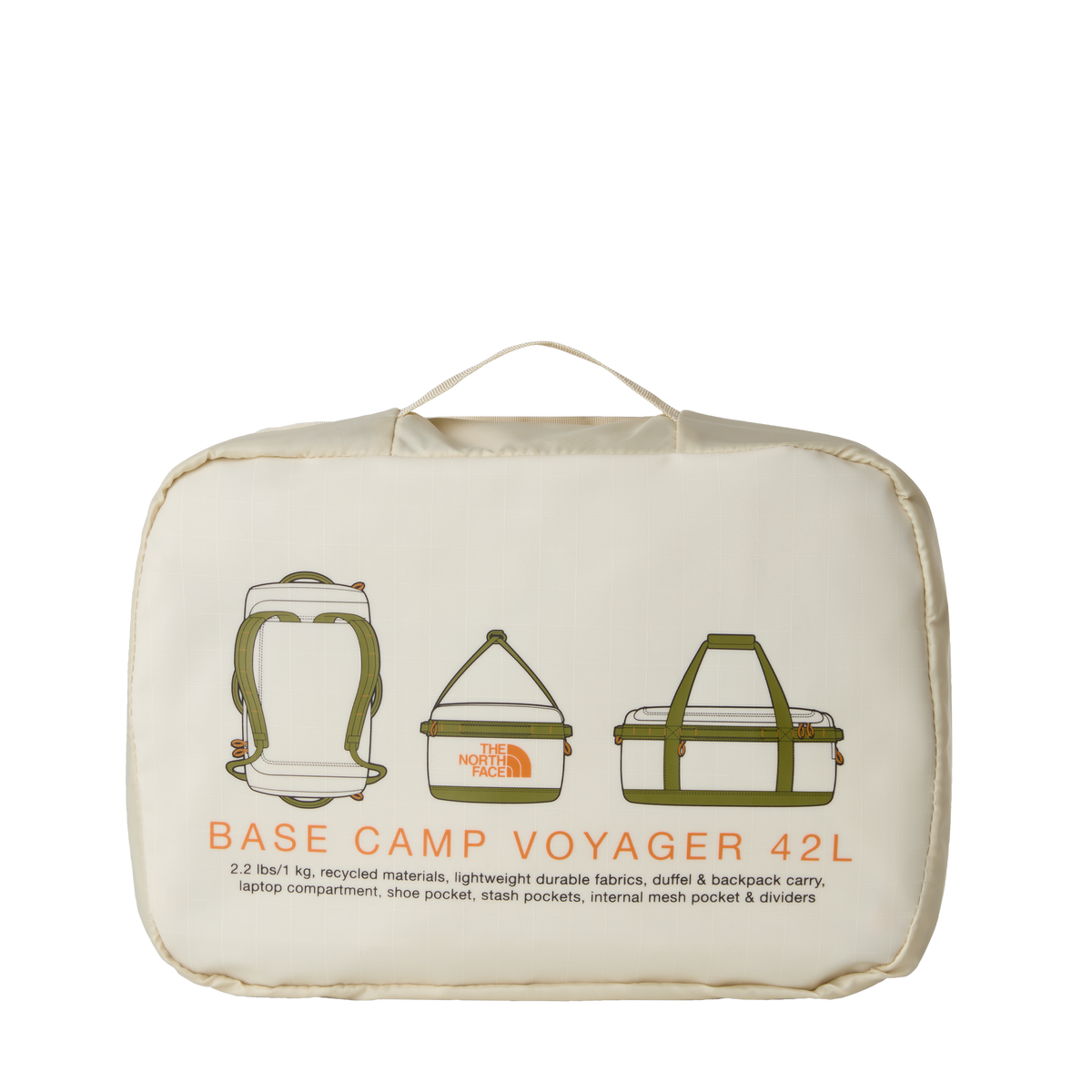 The North Face Base Camp Voyager Duffel 42L Desert Stone/Cedar/Desert Rust - detail of daisy-chain webbing attachment points and recycled ballistic nylon boot construction