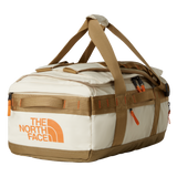 The North Face Base Camp Voyager Duffel 42L in Desert Stone/Cedar/Desert Rust - front view showing recycled fabric construction and external zip pocket