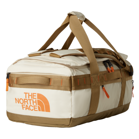 The North Face Base Camp Voyager Duffel 42L in Desert Stone/Cedar/Desert Rust - front view showing recycled fabric construction and external zip pocket
