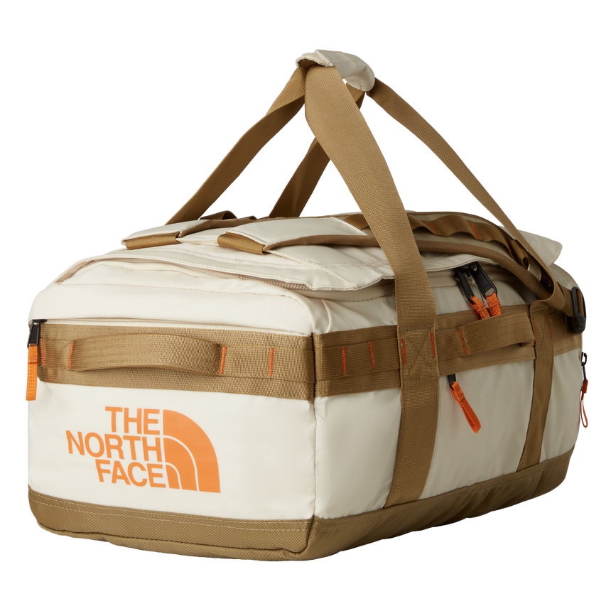 The North Face Base Camp Voyager Duffel 42L in Desert Stone/Cedar/Desert Rust - front view showing recycled fabric construction and external zip pocket
