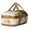 The North Face Base Camp Voyager Duffel 42L in Desert Stone/Cedar/Desert Rust - front view showing recycled fabric construction and external zip pocket