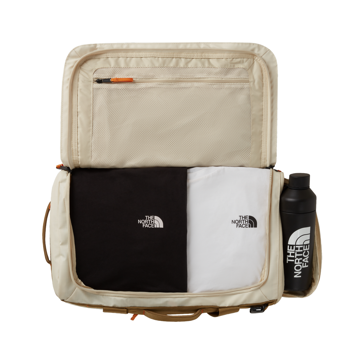 The North Face Base Camp Voyager Duffel 42L Desert Stone/Cedar/Desert Rust - side view with detachable padded shoulder straps and grab handles