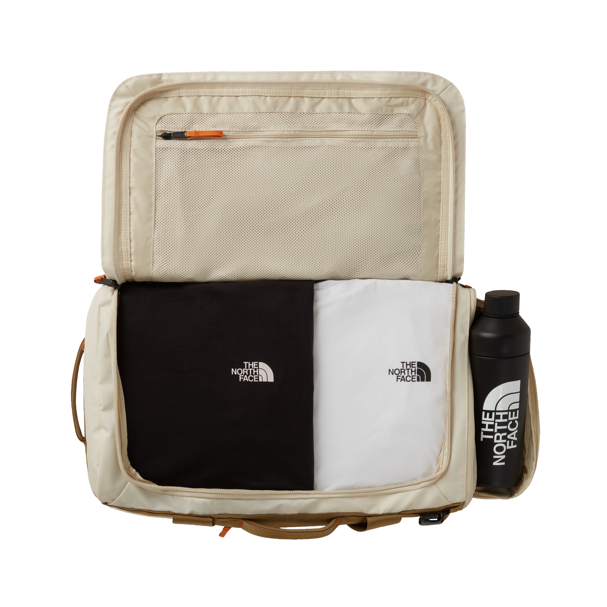 The North Face Base Camp Voyager Duffel 42L Desert Stone/Cedar/Desert Rust - side view with detachable padded shoulder straps and grab handles