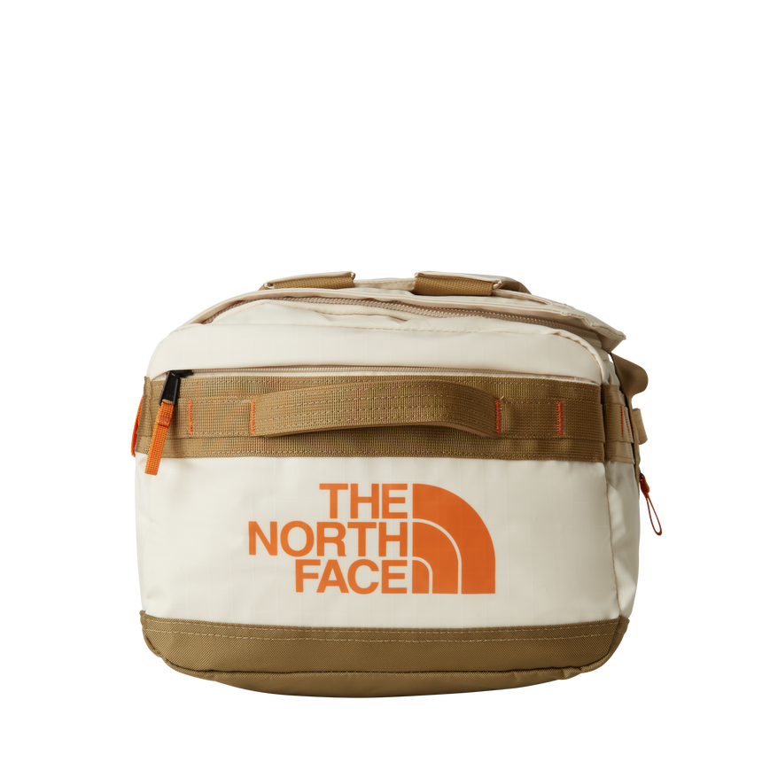 The North Face Base Camp Voyager Duffel 42L Desert Stone/Cedar/Desert Rust - top view showing main compartment opening and adjustable divider