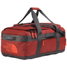The North Face Base Camp Voyager Duffel 62L in Iron Clay/Anthracite Grey/Lava Red - front view showing recycled fabric construction and external zip pocket