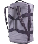 The North Face Base Camp Voyager Duffel 62L Transcendent Grey/Endless Dusk - back panel view showing stowable backpack straps and water-resistant ID window