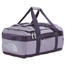 The North Face Base Camp Voyager Duffel 62L in Transcendent Grey/Endless Dusk - front view showing recycled fabric construction and external zip pocket