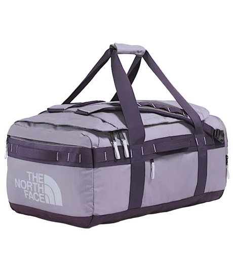 The North Face Base Camp Voyager Duffel 62L in Transcendent Grey/Endless Dusk - front view showing recycled fabric construction and external zip pocket
