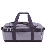 The North Face Base Camp Voyager Duffel 62L Transcendent Grey/Endless Dusk - side view with detachable padded shoulder straps and grab handles