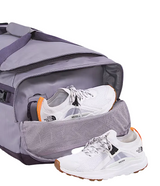 The North Face Base Camp Voyager Duffel 62L Transcendent Grey/Endless Dusk - close-up of detachable ergonomic shoulder straps and padded grab handles