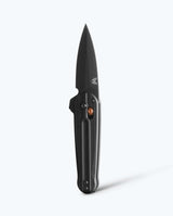 Benchmade Lowden black G10 spear-point knife, open vertical view