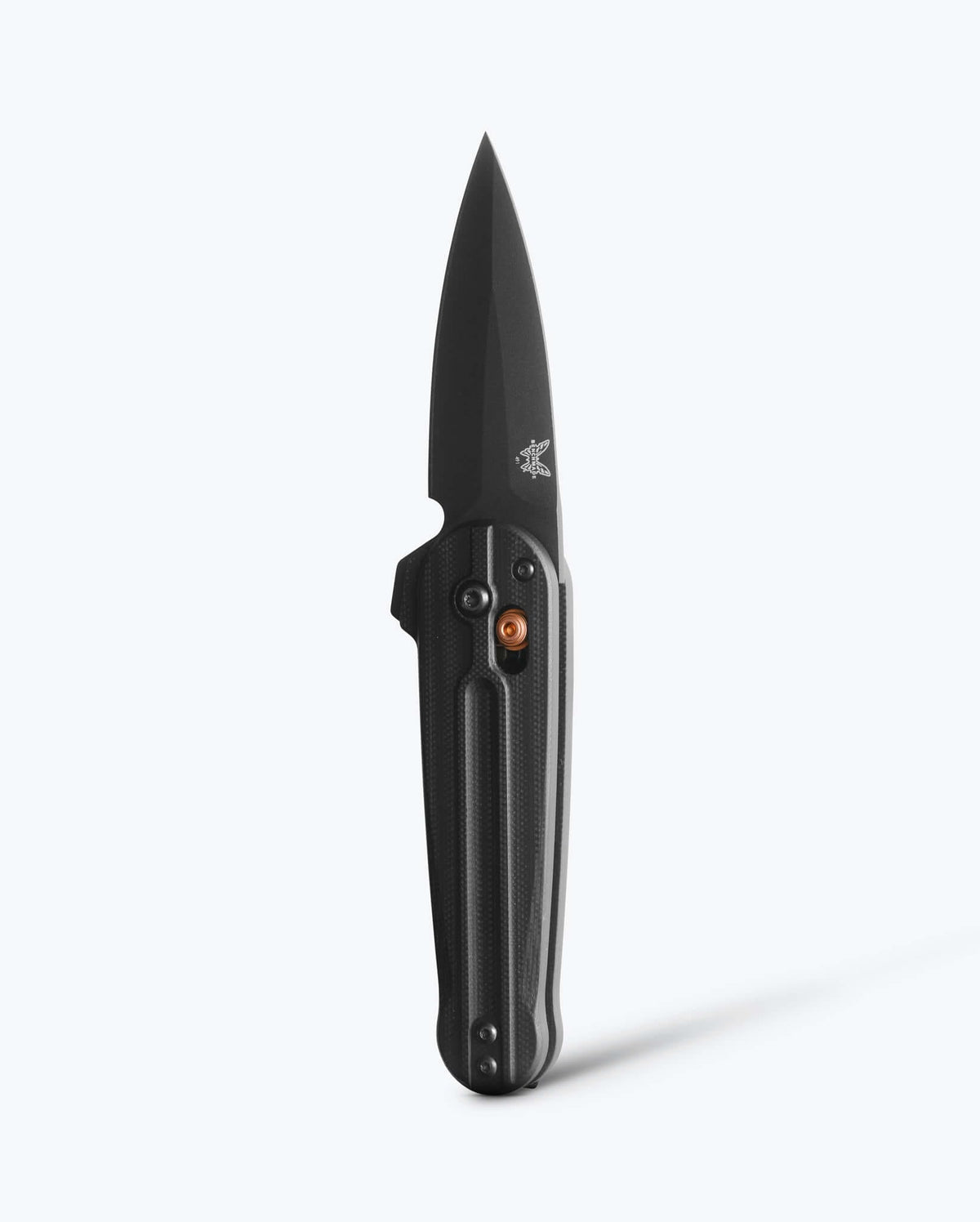 Benchmade Lowden black G10 spear-point knife, open vertical view