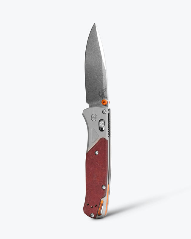 Bugout® Grey/Redstone Aluminum & Richlite EDC Knife - Open Vertical View | Benchmade Knife Co.