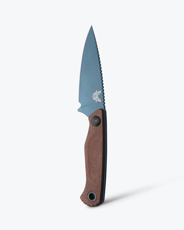 Benchmade Dacian brown canvas Micarta fixed blade, vertical view