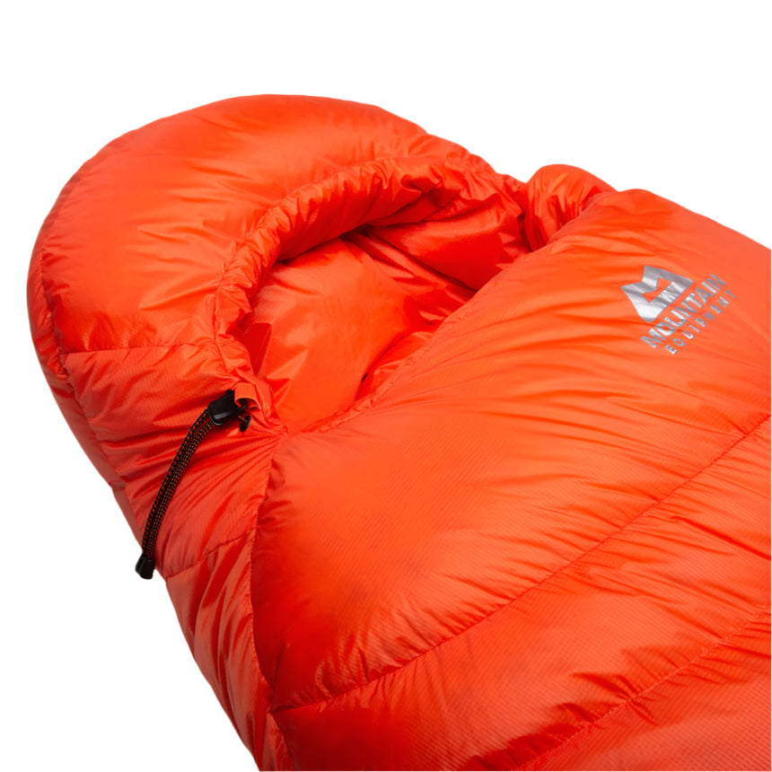 Mountain Equipment Kryos Sleeping Bag in Cardinal Orange - Hood and Collar Detail