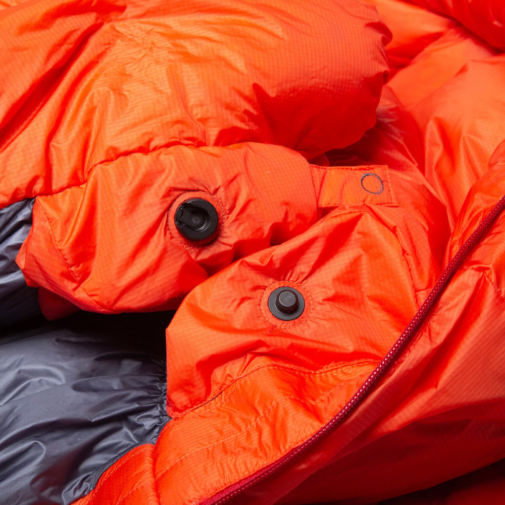 Mountain Equipment Kryos Sleeping Bag in Cardinal Orange - Lode Lock Detail